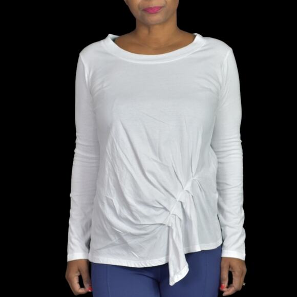 Stateside White Shirt Long Sleeve Tee Angled Pleated Drape CrewNeck Cotton Small - Picture 2 of 15